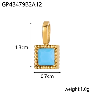 Detail view of 18K gold plated square zircon pendant with 1.3cm height and 0.7cm width