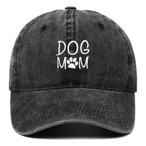 Berretto da baseball in cotone nero lavato con ricamo DOG MOM bianco e zampa di cane
