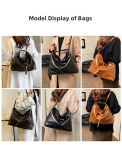 Detailed views of vintage large capacity tote bag in three colors with adjustable straps