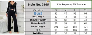 Size chart for women's V-neck long sleeve pajama set with fabric details and measurements