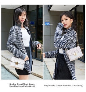 Detail showing versatile styling of white crossbody bag with gold chain and horse print