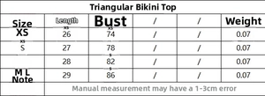 Size chart detail for triangle bikini top showing measurements from XS to L in cm