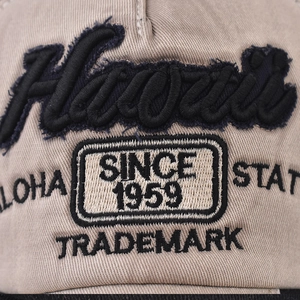 Vintage washed khaki baseball cap with Hawaii embroidery and denim cotton texture