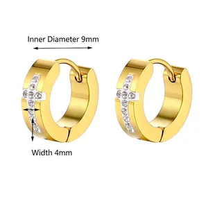 Engraved cross hoop earrings in gold and silver with zircon stones and 9mm inner diameter