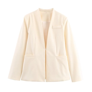 Elegante blazer da donna color crema senza colletto con vestibilità slim e design minimalista