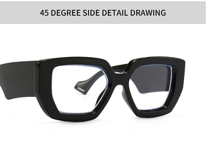 Detailed 45-degree side view showing thick black frame structure of fashion glasses