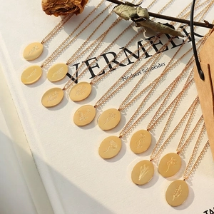 Stainless Steel Oval Flower Pendant Necklace 18K Gold Plated Double Sided Engraved Birth Month Floral Jewelry For Women