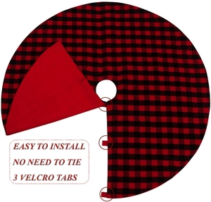 Detail of red and black buffalo plaid tree skirt showing three secure Velcro closures