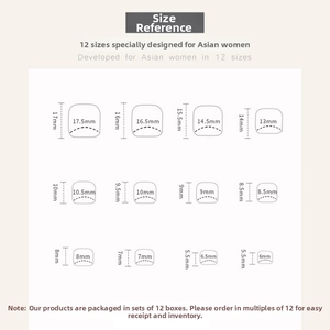 Detailed size chart for black heart press-on toenails with precise width and length