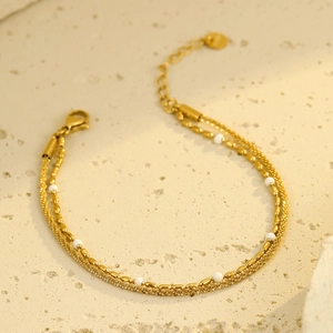Minimalist 18K gold double-layer stainless steel bracelet with white round beads décor
