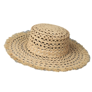 Frayed edge raffia straw sun hat with hollow weave and wide brim for summer travel