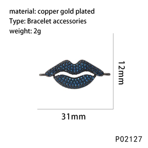 Micro-pave blue zircon lip-shaped pendant in gold-plated copper for jewelry making