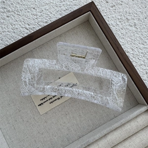 Macro detail of square transparent hair claw with white lace pattern and gold metal spring
