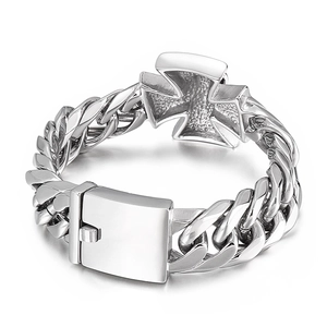 Men's punk stainless steel bracelet with cross medal and heavy silver link chain