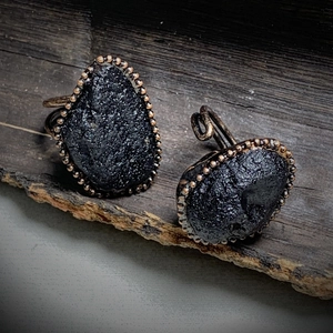 Antique copper bronze earrings with raw black stone and irregular natural texture