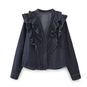 Denim Ruffle V Neck Long Sleeve Shirt And High Waist Wide Leg Long Pants Solid Color Streetwear Style