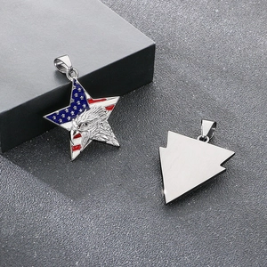 Detail of star pendants showing eagle relief and American flag enamel on silver metal