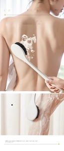Close-up of long-handled bath brush with soft bristles for deep cleaning the back and legs