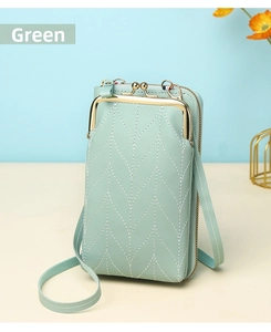 Detail of light green multi-layer phone crossbody bag with chic V-quilted pattern