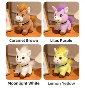 Close-up of cute plush horse dolls in caramel, purple, white and yellow color options