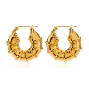 Chic 18K gold plated stainless steel hollow bamboo hoop earrings with twisted metal texture