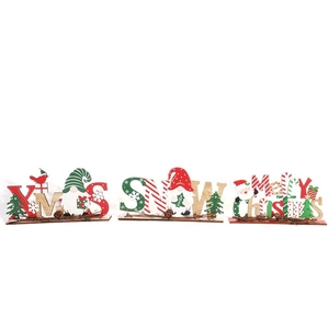 Three-piece set of wooden Christmas table decorations with XMAS, SNOW and Merry Christmas