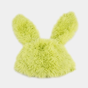 Close-up of bright green faux fur bunny ear hat showing soft plush texture and detail