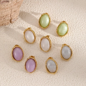 Oval Stud Earrings Gold Plated Stainless Steel Irregular Texture Resin Inlay Vintage Geometric Jewelry For Women