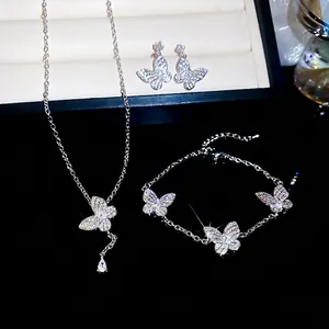 Sparkling silver butterfly jewelry set with zircon necklace bracelet and earrings