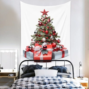 Christmas tree wall tapestry with red gift boxes hanging as bedroom decor