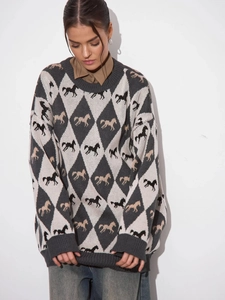 Women's crew neck sweater with vintage grey argyle pattern and jacquard horse knit detail