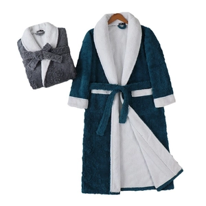Men's double-layer thick fleece bathrobe with contrast trim and waist tie in gray and navy