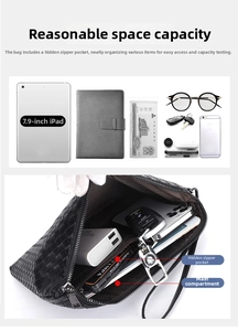 Internal structure of woven leather clutch bag showing large capacity for 7.9-inch tablets