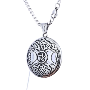Stainless steel Tree of Life necklace with Triple Moon goddess and pentagram pendant