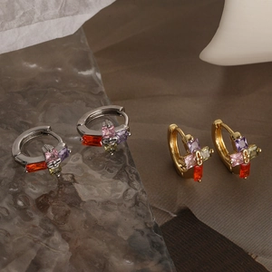 Exquisite gold and silver hoop earrings with colorful zircon stones in a cross pattern