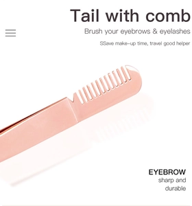 Close-up of rose gold stainless steel eyebrow tweezers with integrated tail comb brush