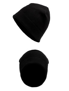 Detailed view of two black polar fleece beanies with soft windproof material for winter
