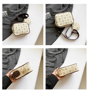 Detailed views of beige patterned camera bag with detachable strap and coin purse