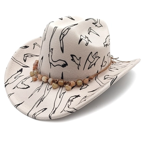 Western Cowboy Hat Polyester Faux Felt Wide Brim Bird Seagull Print Bohemian Retro Jazz Fedora With Beaded Band Charm