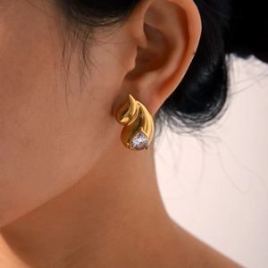 Luxurious gold stainless steel double teardrop earrings with sparkling crystal accents