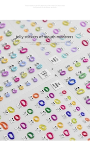 Detail of 3D jelly nail stickers with cartoon graffiti eyes and lips expressions