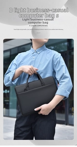 Slim black laptop bag with shoulder strap shown in a modern urban business setting
