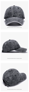 Detailed views of washed black denim baseball cap with adjustable metal buckle and vents