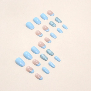 Aurora blue and pink clear press-on nails set in oval shape with glitter and french design