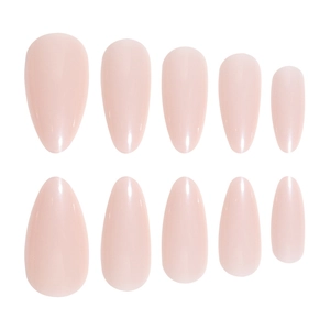 Elegant nude pink almond shaped press-on nails set with glossy finish on white background