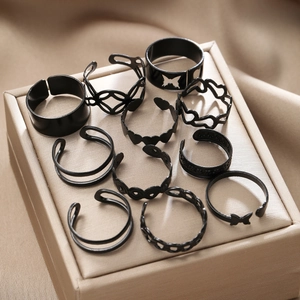 11pcs set of black hollow heart butterfly adjustable alloy rings for women and men