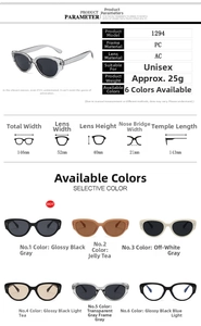 Detailed size chart for cat eye sunglasses showing 146mm width and PC frame specs