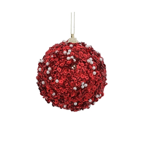 8cm red Christmas ball with shiny sequins and white pearls on white background