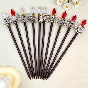 Crystal Wooden Hair Stick Witch Magic Wand Moon Star Skull Halloween Costume Vintage Hairpin Jewelry For Women