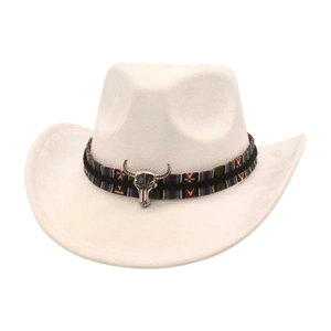 Detail of white felt cowboy hat with colorful woven band and silver bull skull ornament